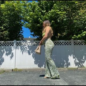 Green & white zebra flare pants high waist